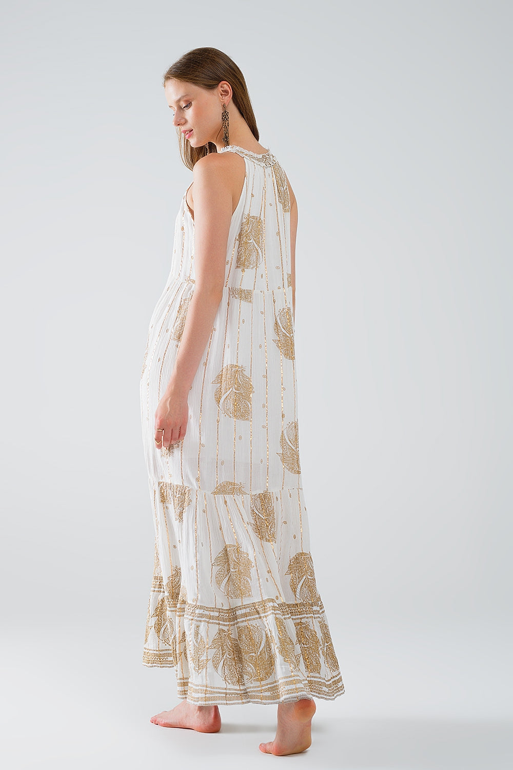 boho maxi chiffon dress with gold flower print - Dresses