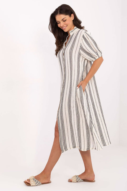 Och Bella Striped Boho Style Dress with Short Sleeves and Side Pockets for Casual Wear