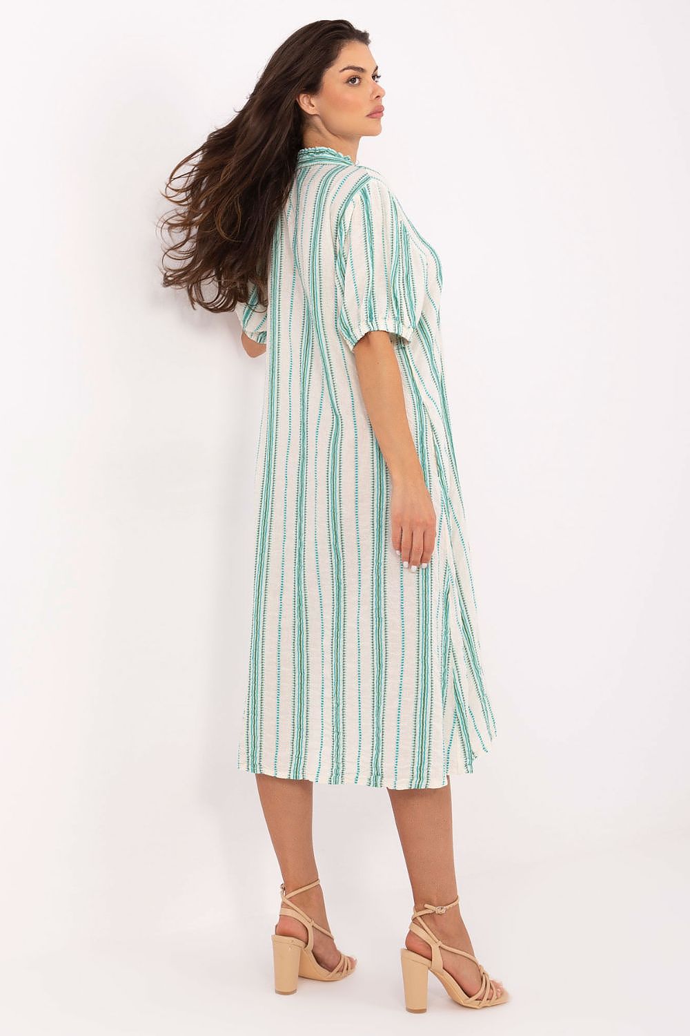 Och Bella Boho style dress with green and white stripes, featuring a relaxed fit and short sleeves