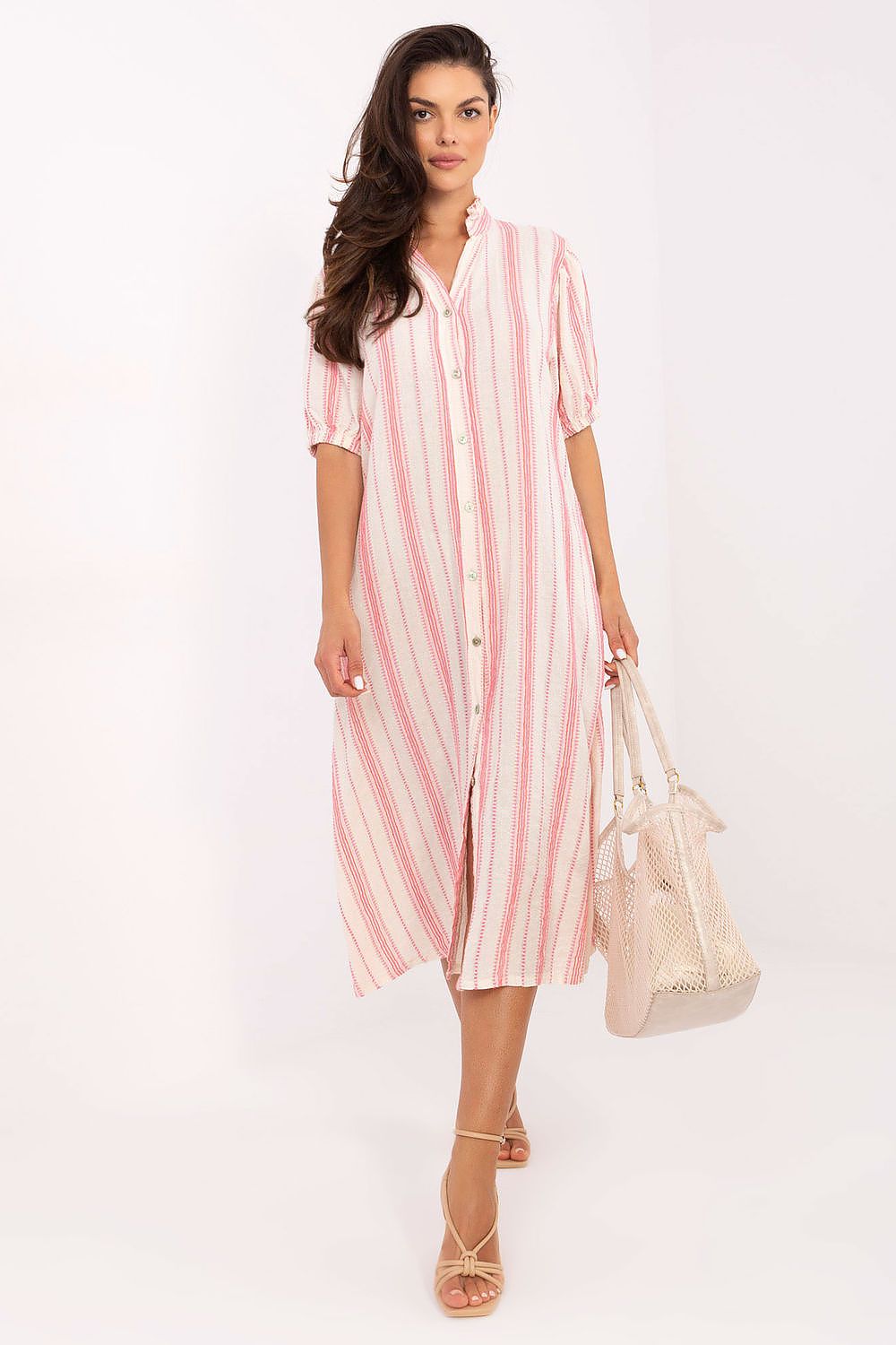 Och Bella Boho style dress in pink and white stripes with buttons and short sleeves, perfect for summer outings