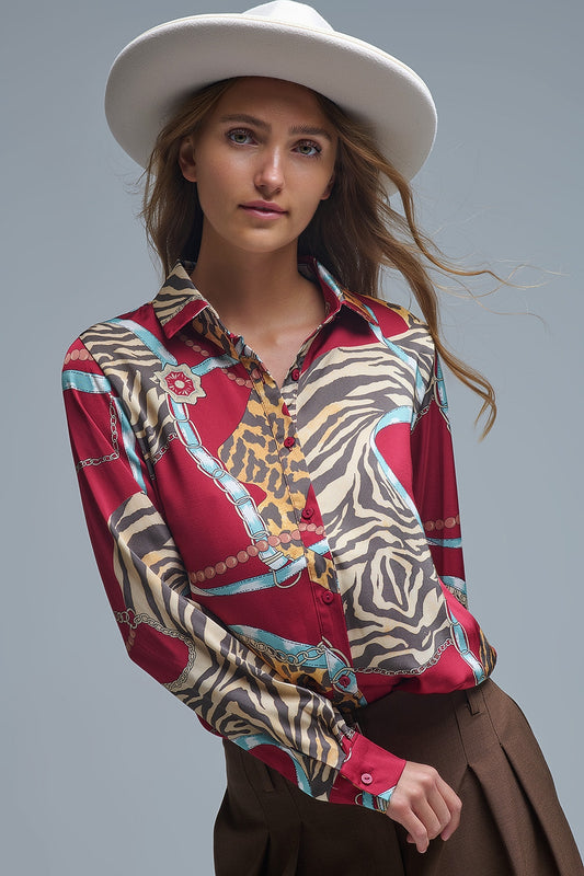 Bold Red Abstract Print Long-Sleeved Shirt - Shirts