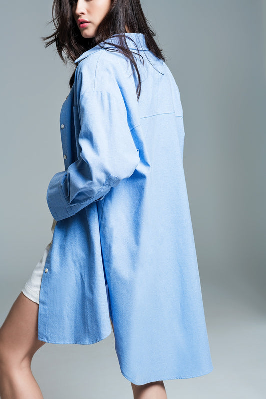 Boyfriend Cut Shirt With 3/4 Sleeve in Baby Blue - Shirts