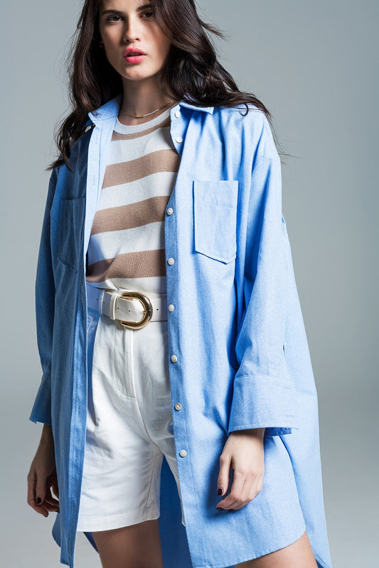 Boyfriend Cut Shirt With 3/4 Sleeve in Baby Blue - Shirts