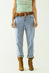 Boyfriend light blue jeans with stitching details on the edges