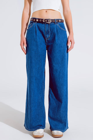 Boyfriend Wide leg  five pocket jeans in dark wash