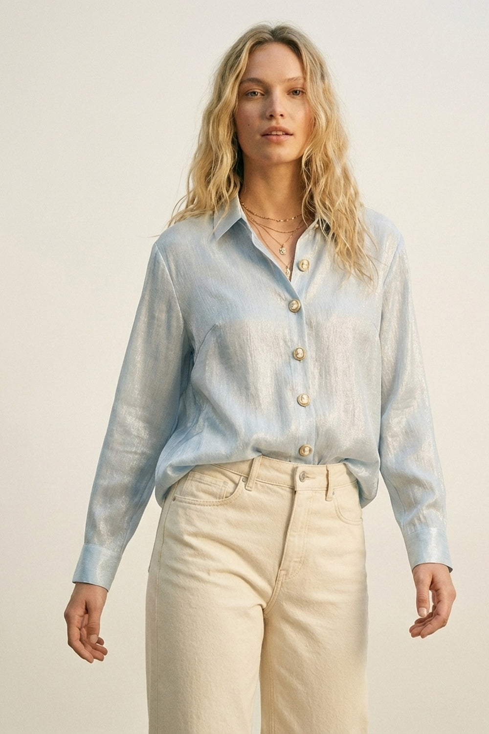 bright blue knit blouse with retro buttons - Shirts