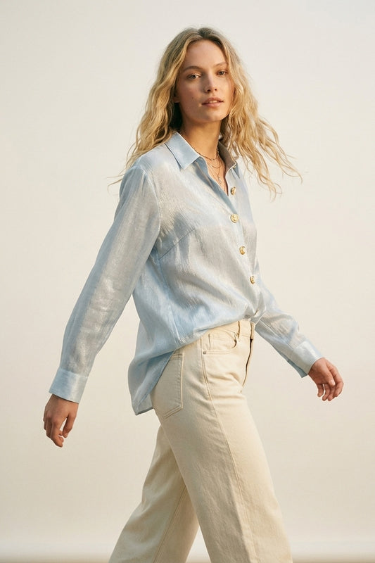 bright blue knit blouse with retro buttons - Shirts