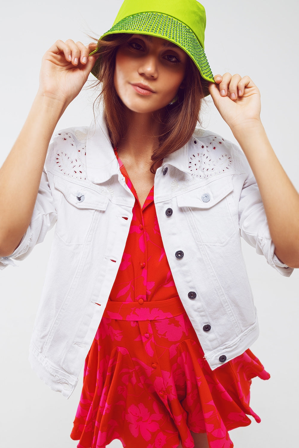 Broderie Denim Jacket in White - Jackets