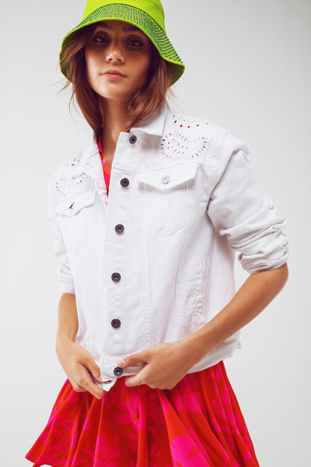 Broderie Denim Jacket in White - Jackets