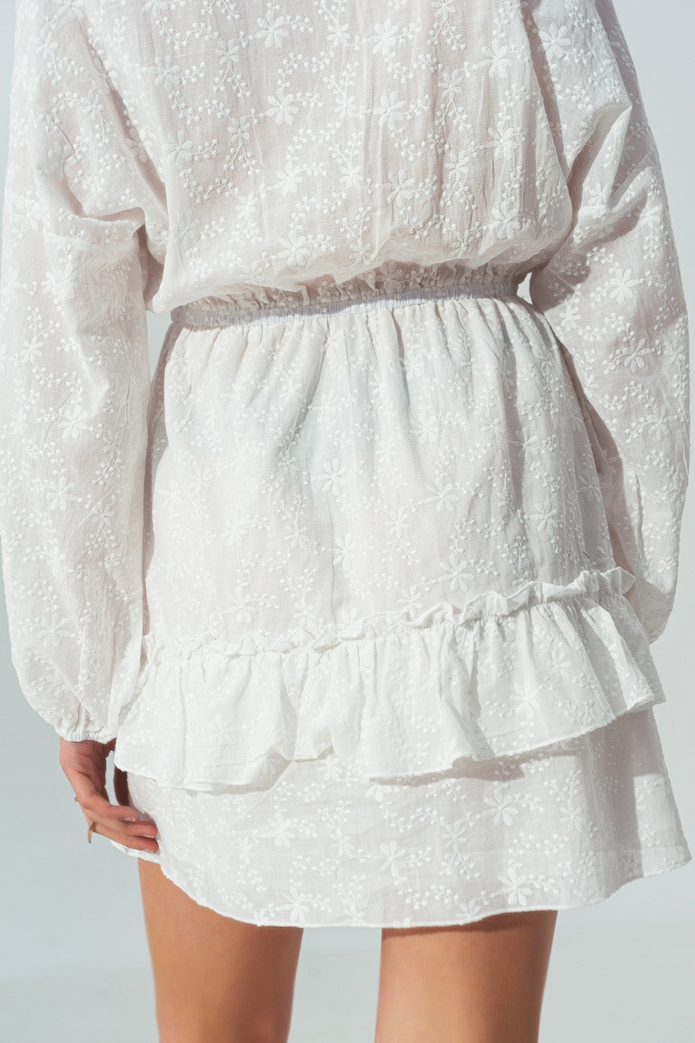 Broderie Mini Dress with Ruffles in White - Dresses