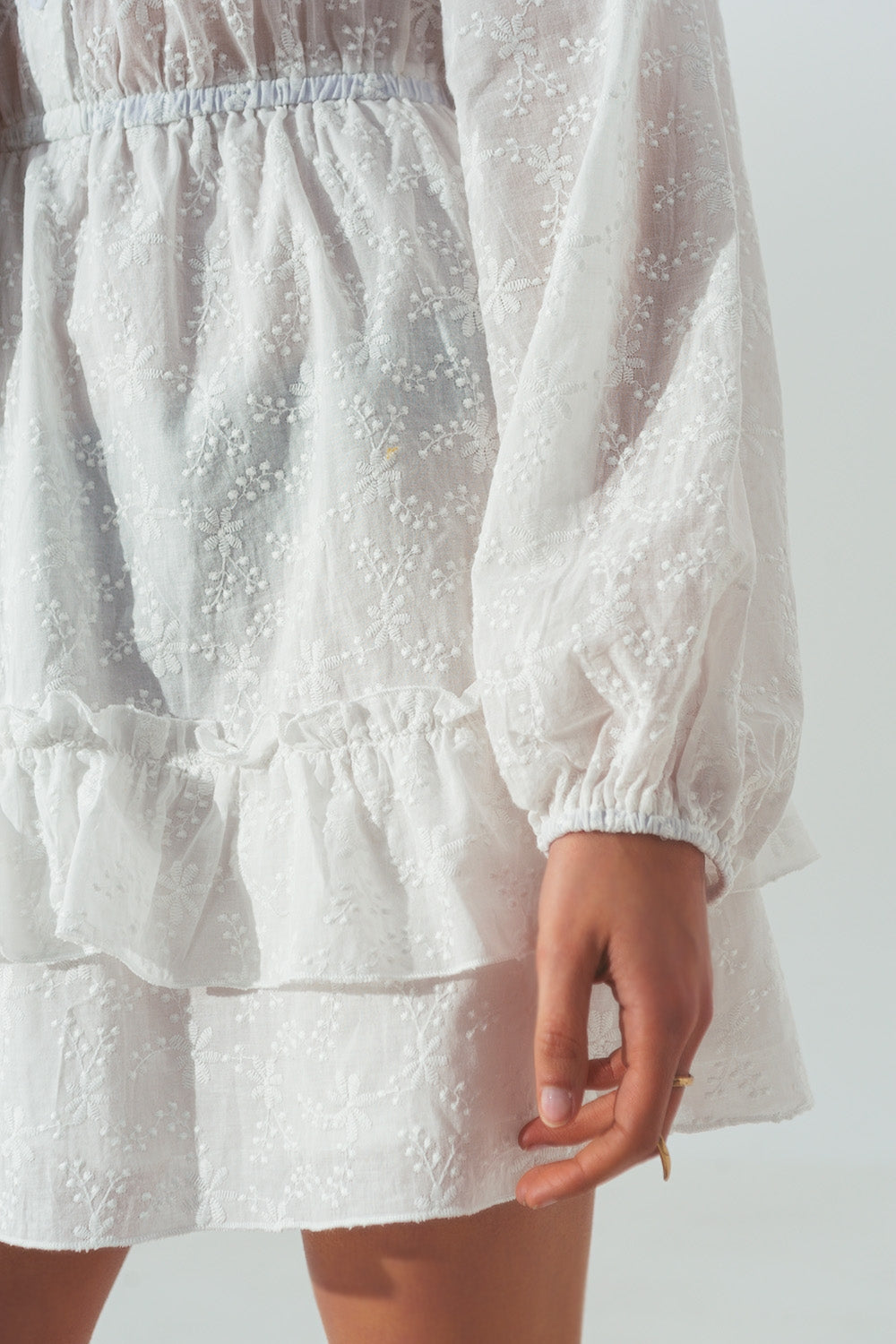 Broderie Mini Dress with Ruffles in White - Dresses