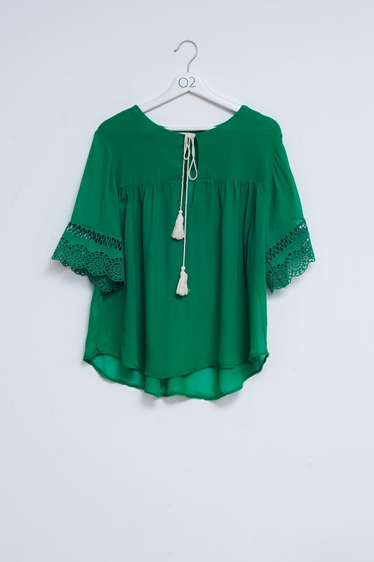 Broderie tie front blouse in green - Blouses