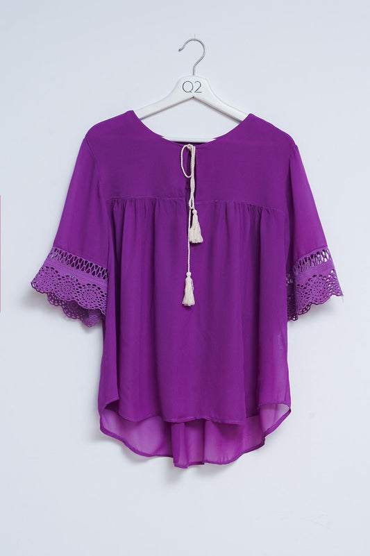 Broderie tie front blouse in purple - Blouses