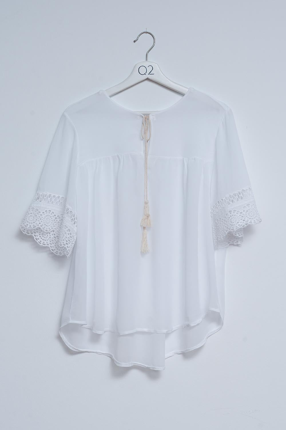 Broderie tie front blouse in white - Blouses