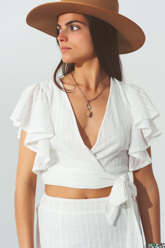 Broderie Wrap Crop Top in White - Crop Tops