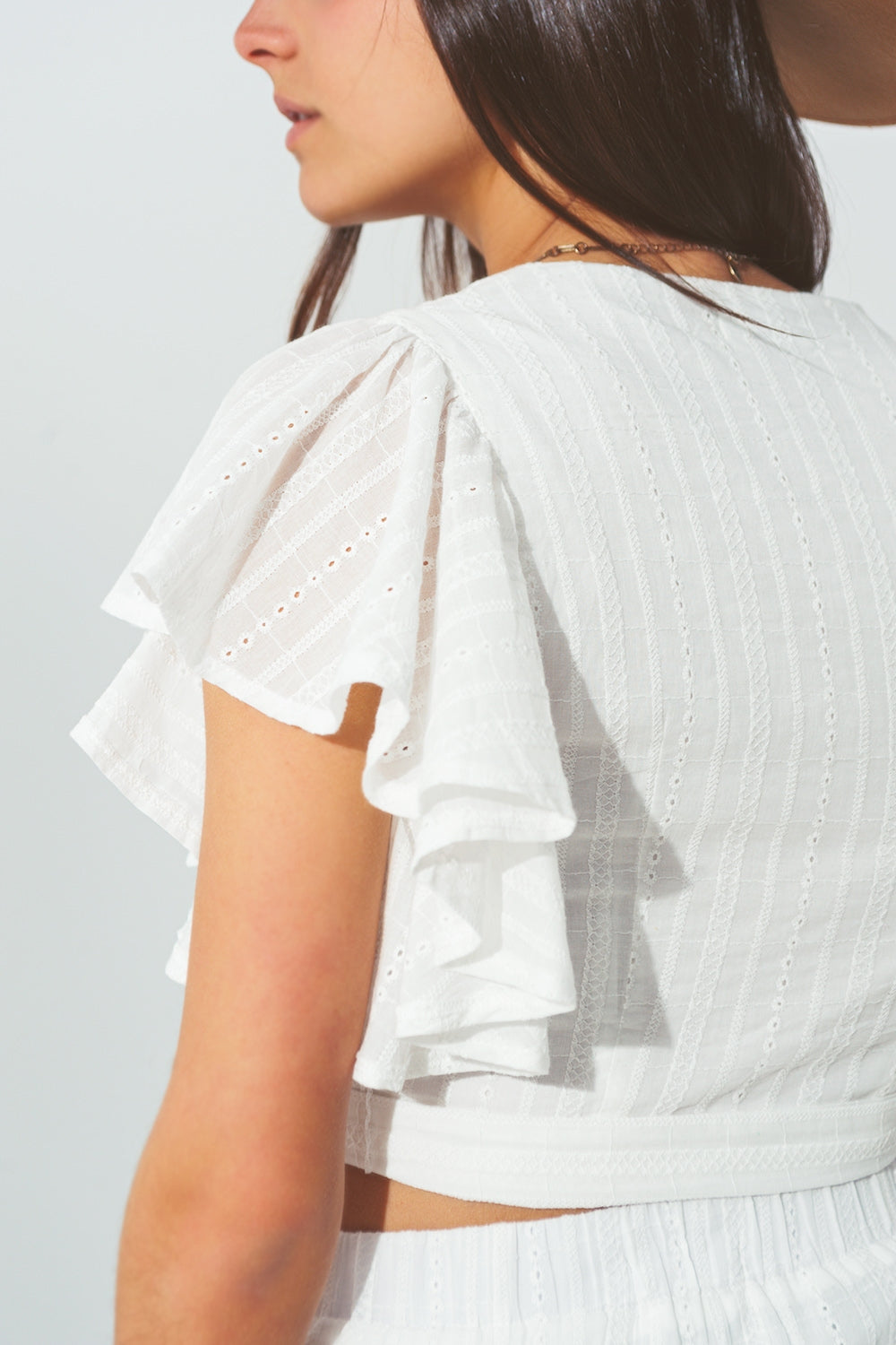 Broderie Wrap Crop Top in White - Crop Tops