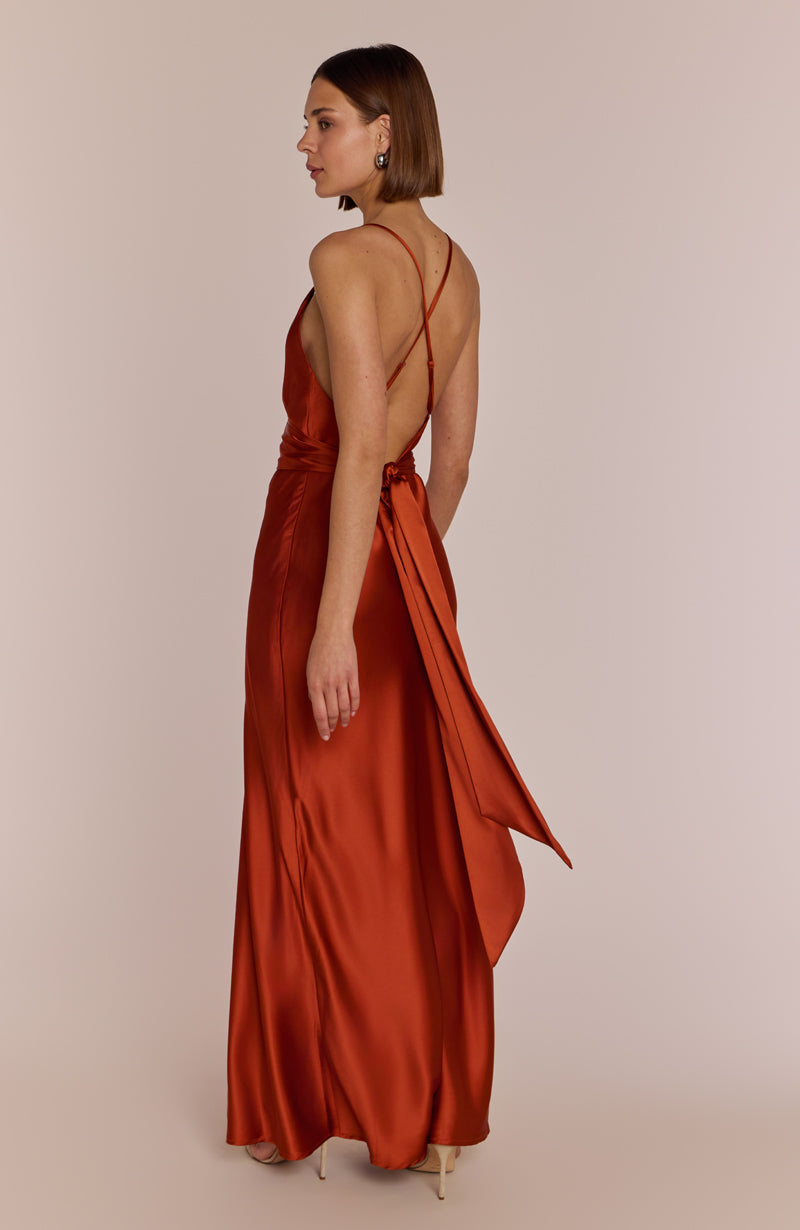 Brooklyn Dress in Burnt Orange Satin - Dress