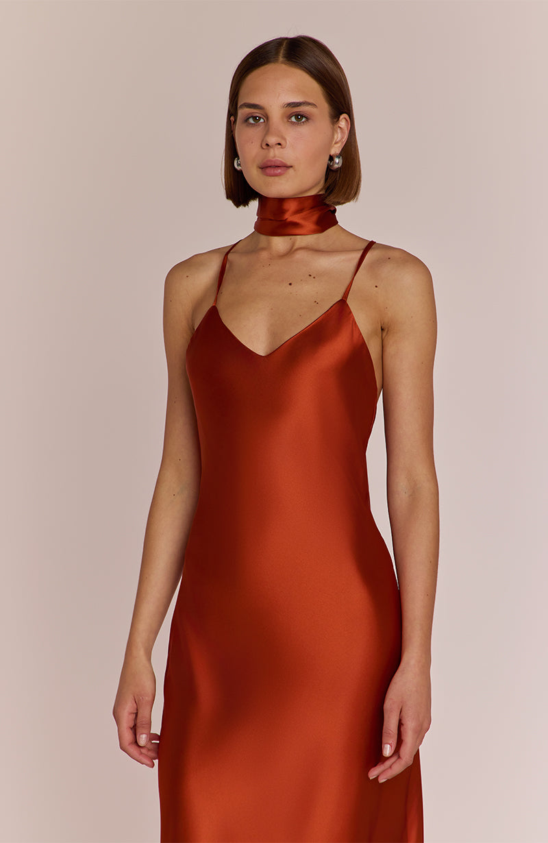 Brooklyn Dress in Burnt Orange Satin - Dress