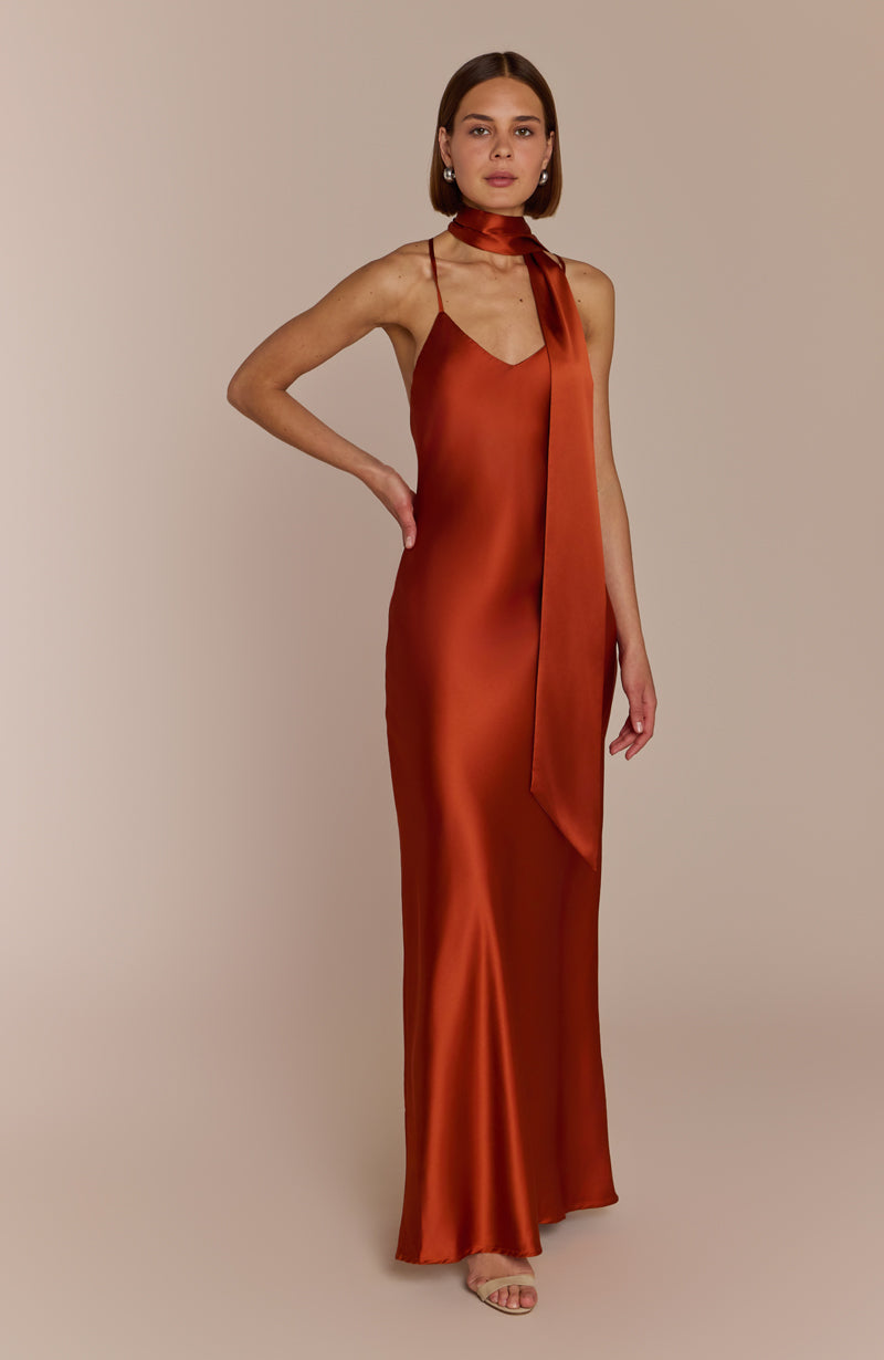 Brooklyn Dress in Burnt Orange Satin - Dress