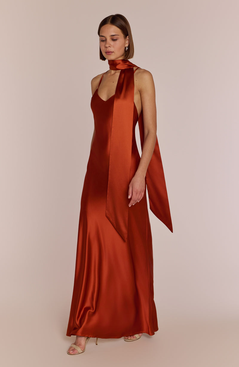 Brooklyn Dress in Burnt Orange Satin - Dress