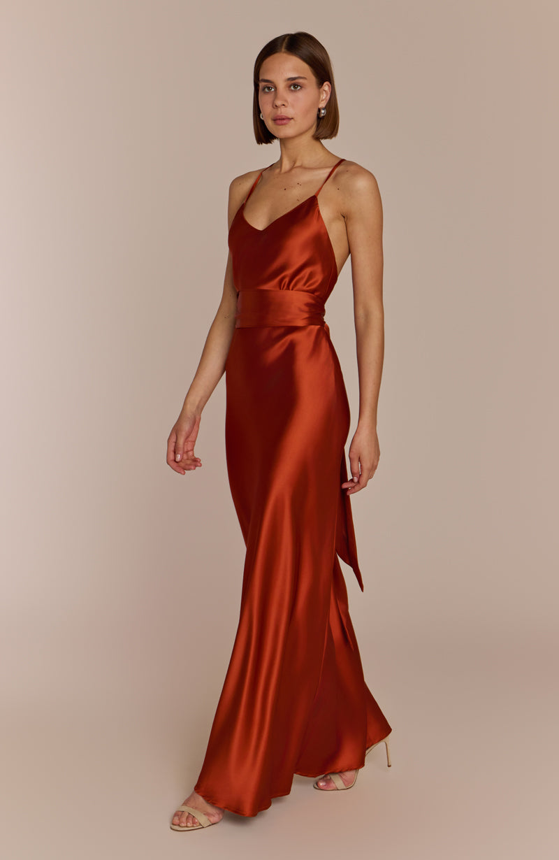 Brooklyn Dress in Burnt Orange Satin - Dress