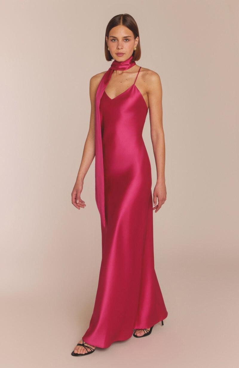 Rewritten Brooklyn Dress in Hot Pink Satin - Dress