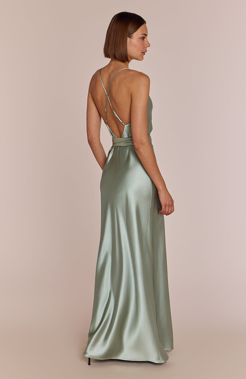 Brooklyn Dress in Sage Green Satin for Women - Dress