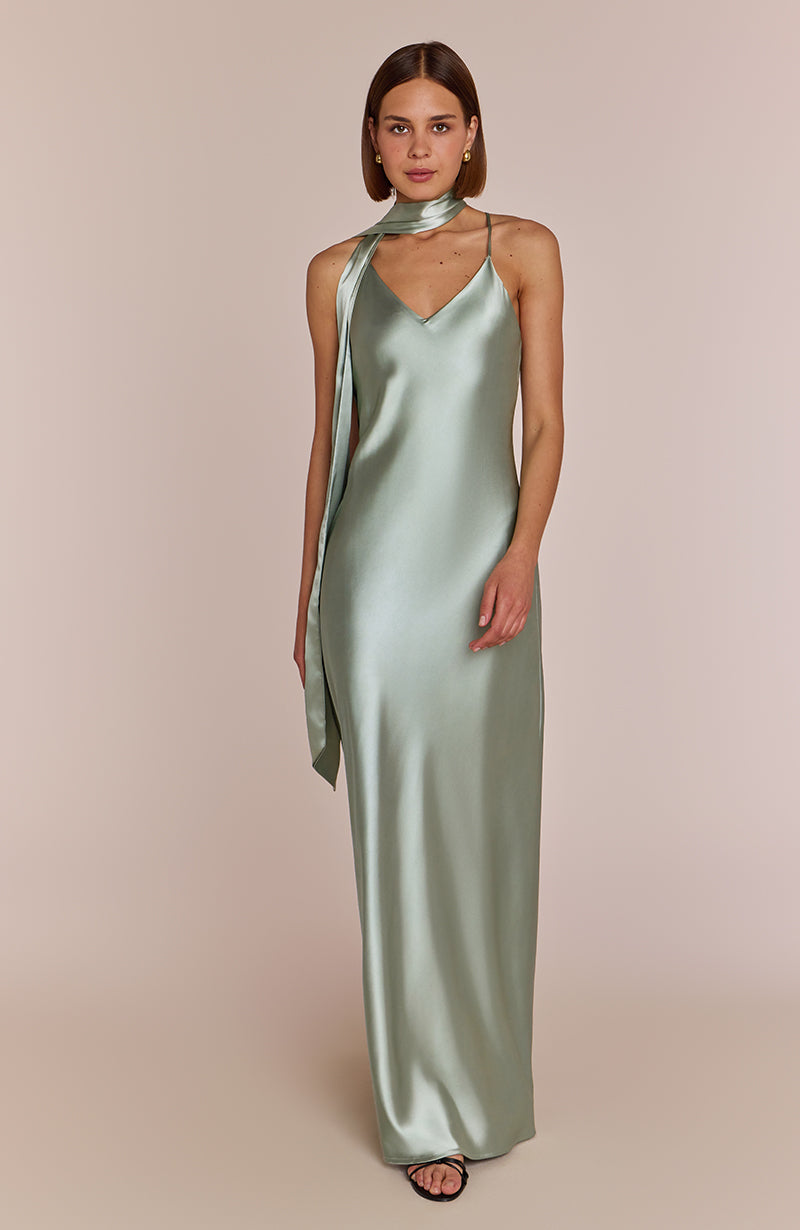 Brooklyn Dress in Sage Green Satin for Women - Dress