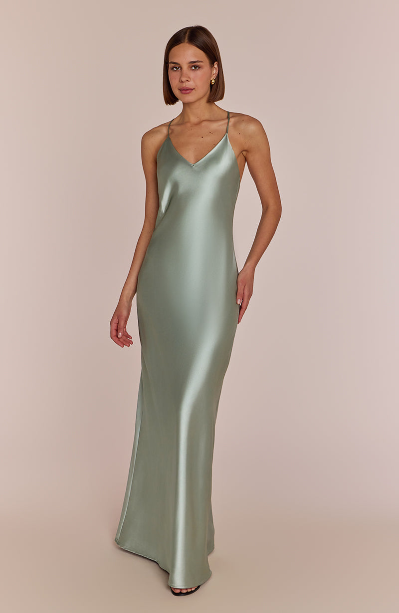 Brooklyn Dress in Sage Green Satin for Women - Dress