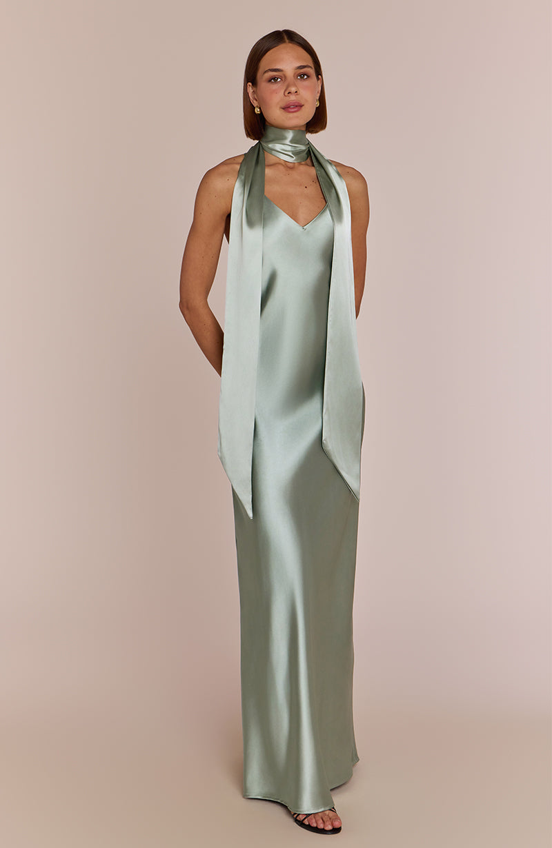 Brooklyn Dress in Sage Green Satin for Women - Dress