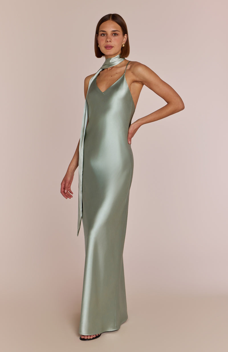 Brooklyn Dress in Sage Green Satin for Women - Dress