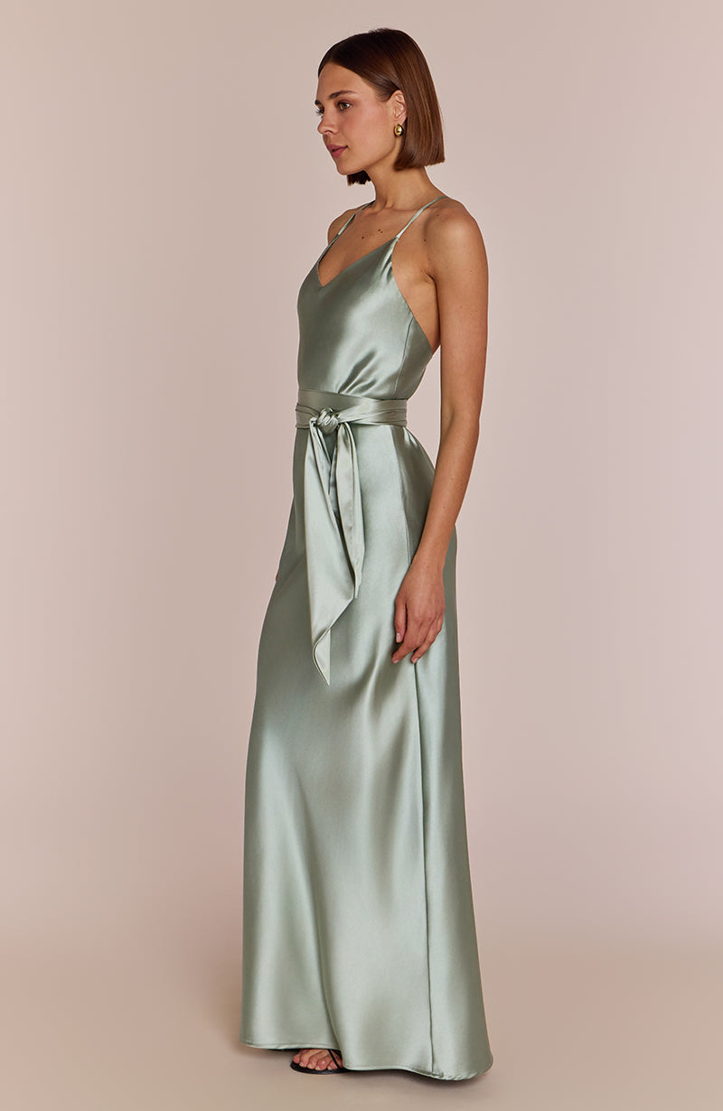 Brooklyn Dress in Sage Green Satin for Women - Dress