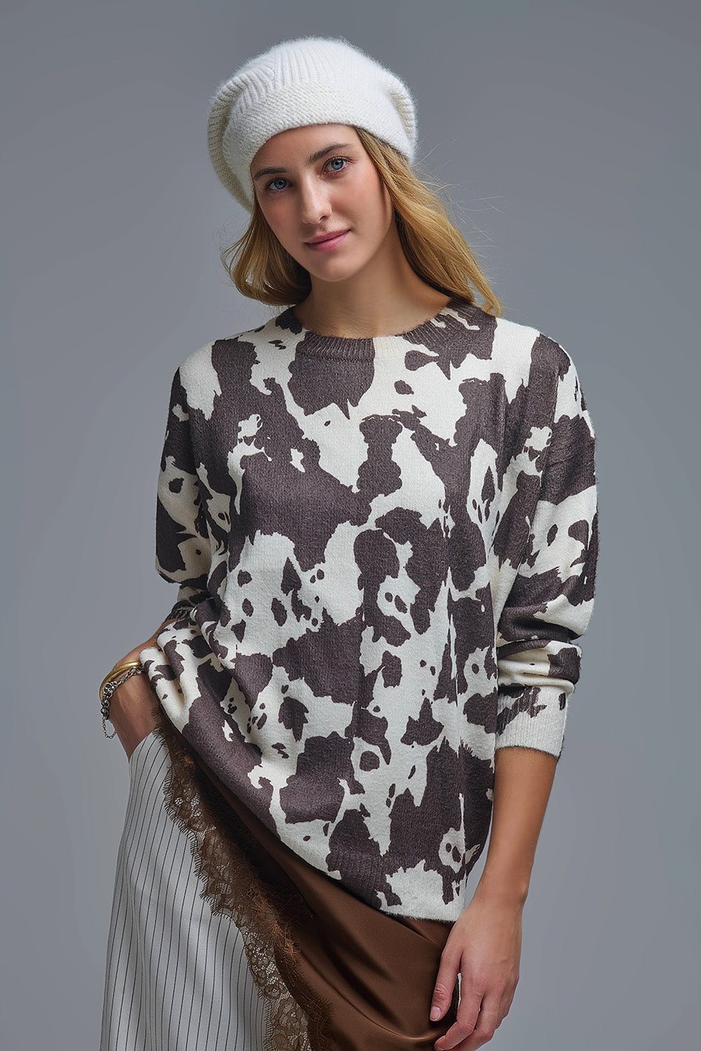Brown-and-beige Cow Print Sweater in extra soft knitted - Sweaters