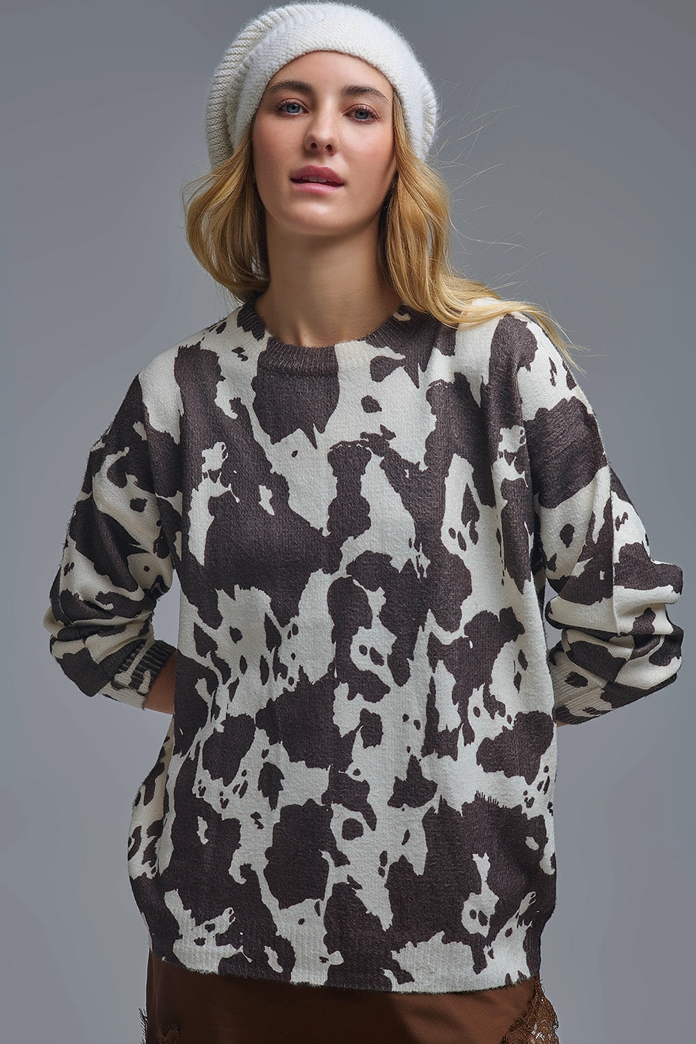 Brown-and-beige Cow Print Sweater in extra soft knitted - Sweaters