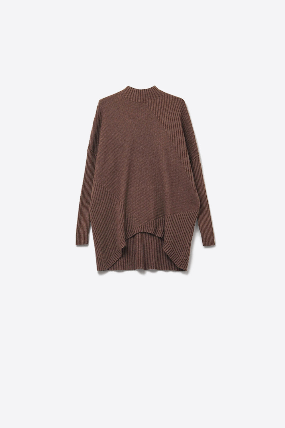 Brown Asymmetric Ribbed Knit Sweater Tunic -