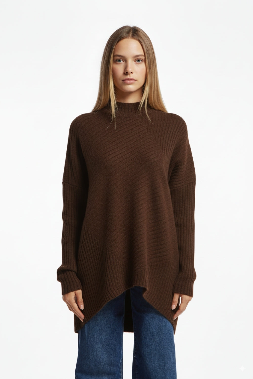 Brown Asymmetric Ribbed Knit Sweater Tunic -