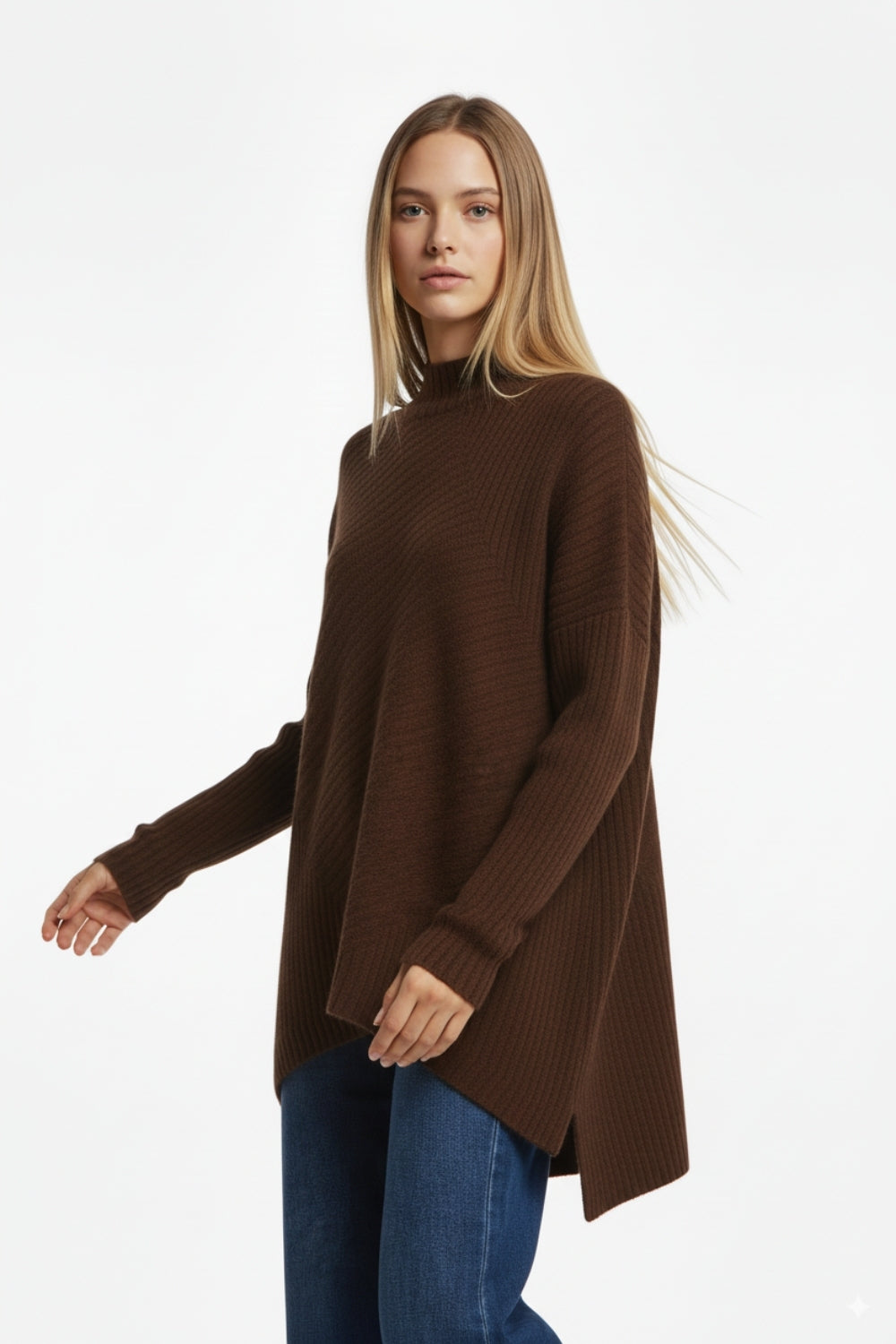 Brown Asymmetric Ribbed Knit Sweater Tunic -
