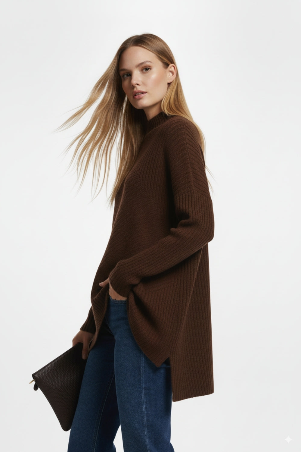 Brown Asymmetric Ribbed Knit Sweater Tunic -