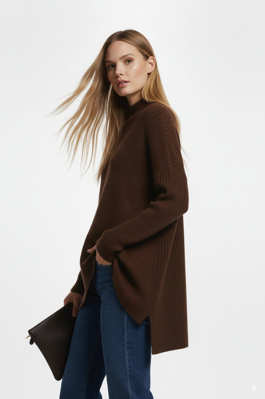 Brown Asymmetric Ribbed Knit Sweater Tunic -