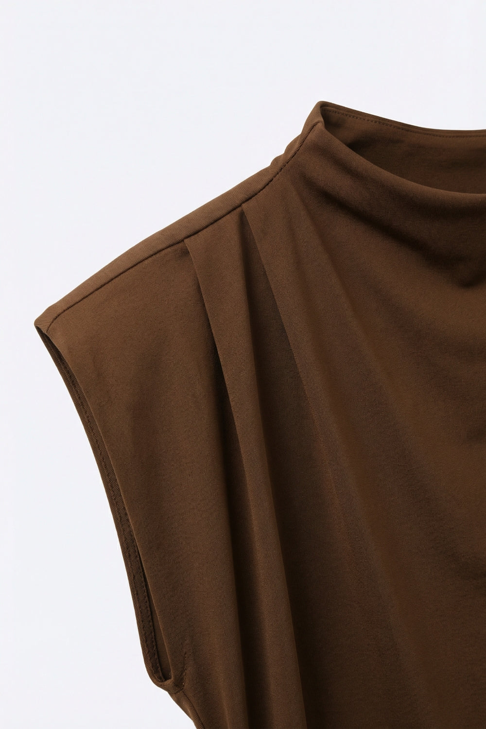 Brown Asymmetrical Stretch Top with Draped Detail - Tops