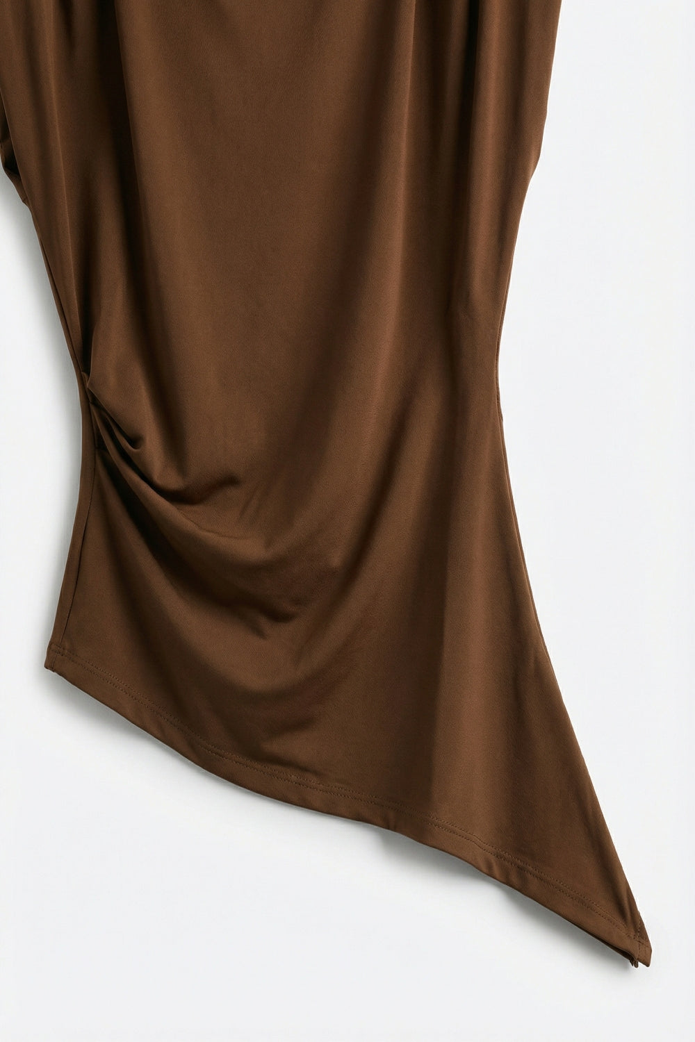 Brown Asymmetrical Stretch Top with Draped Detail - Tops