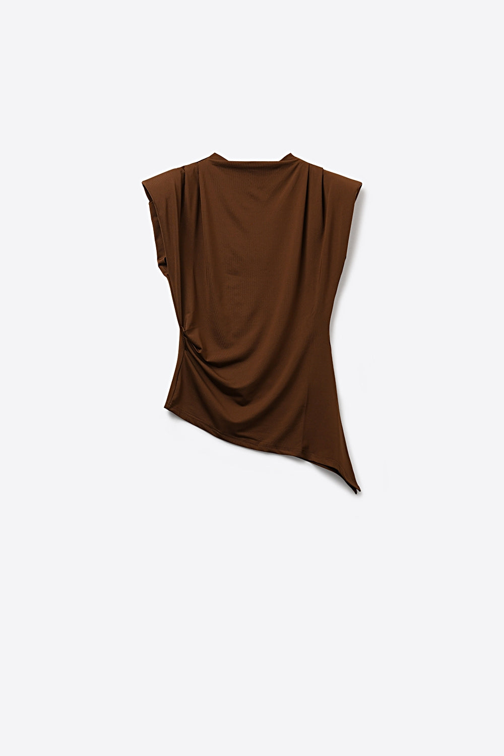 Brown Asymmetrical Stretch Top with Draped Detail - Tops