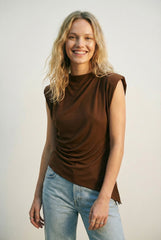 Brown Asymmetrical Stretch Top with Draped Detail