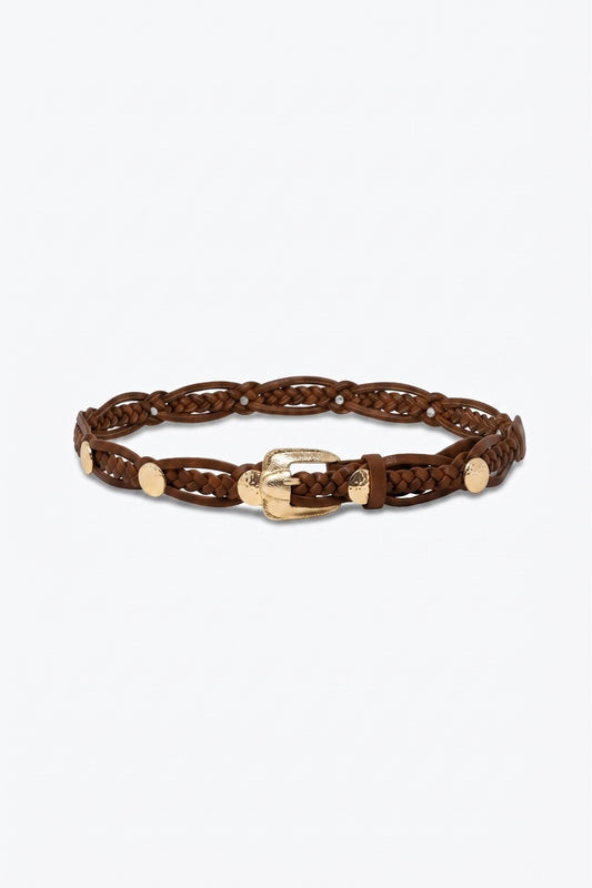 Brown Braided Faux Leather Gold Buckle Detail Waist Belt - Accesory
