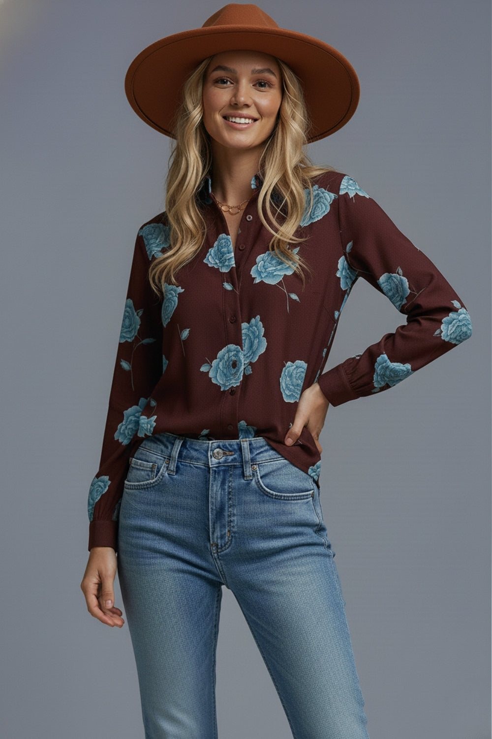 Brown Button-Up Shirt with Light Blue Floral Print in satin - Shirts