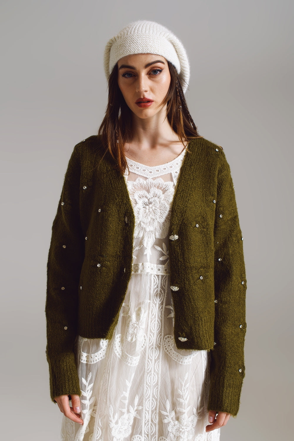 Brown cardigan with knitted flowers and embellished details in Military Green - Cardigans