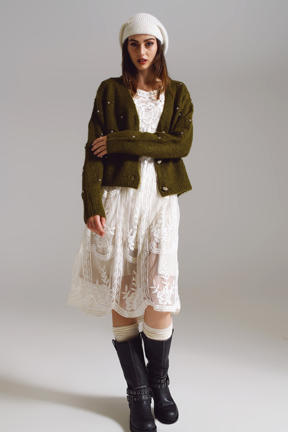 Brown cardigan with knitted flowers and embellished details in Military Green - Cardigans