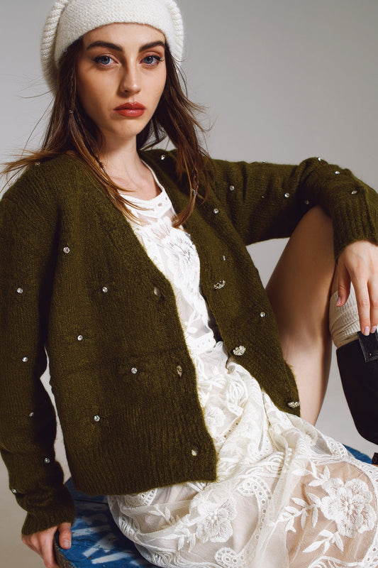 Brown cardigan with knitted flowers and embellished details in Military Green - Cardigans