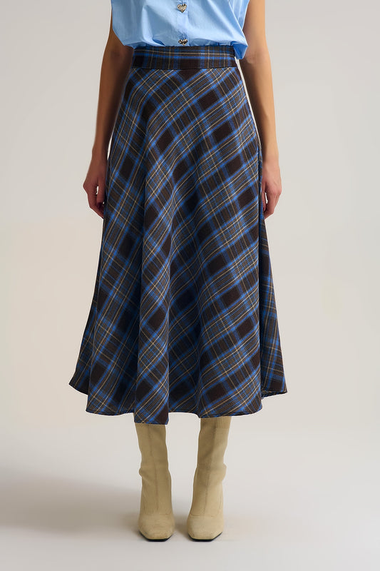 Brown Check High-Waisted Midi Skirt - Skirts