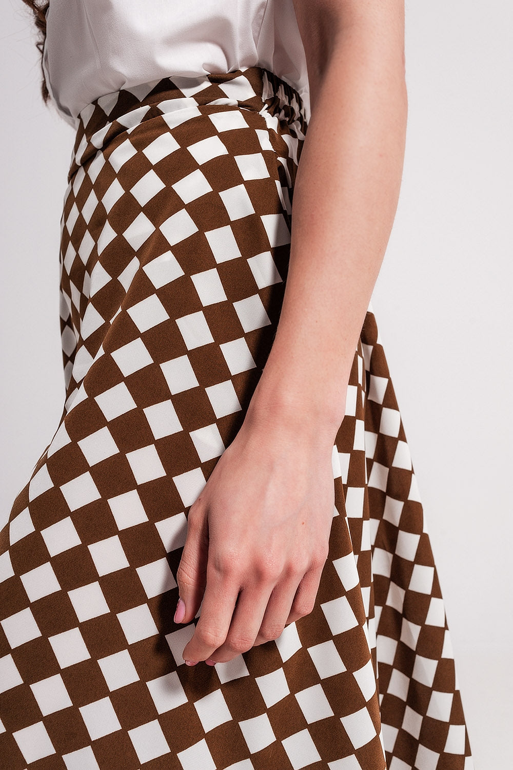 Brown Checkerboard Midi Skirt - Skirts